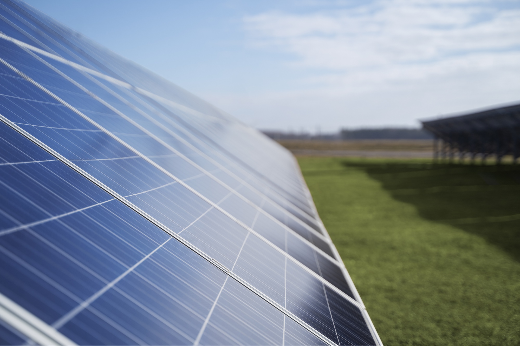 A row of solar panels on a field on a sunny day